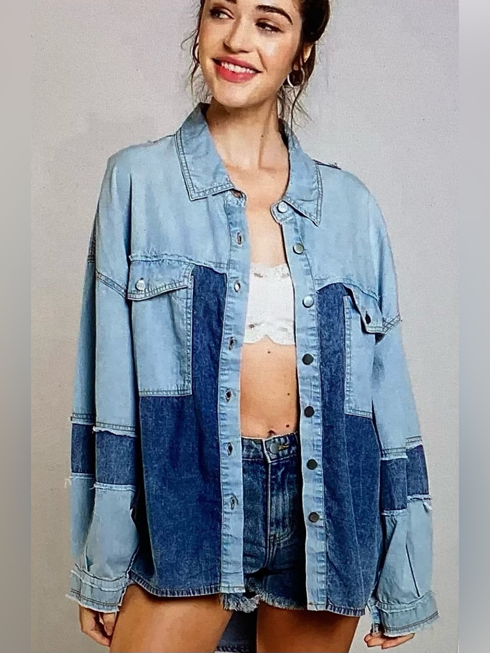 POL Two-Tone Chambray Button-Up Shirt - Light Blue & Dark Blue